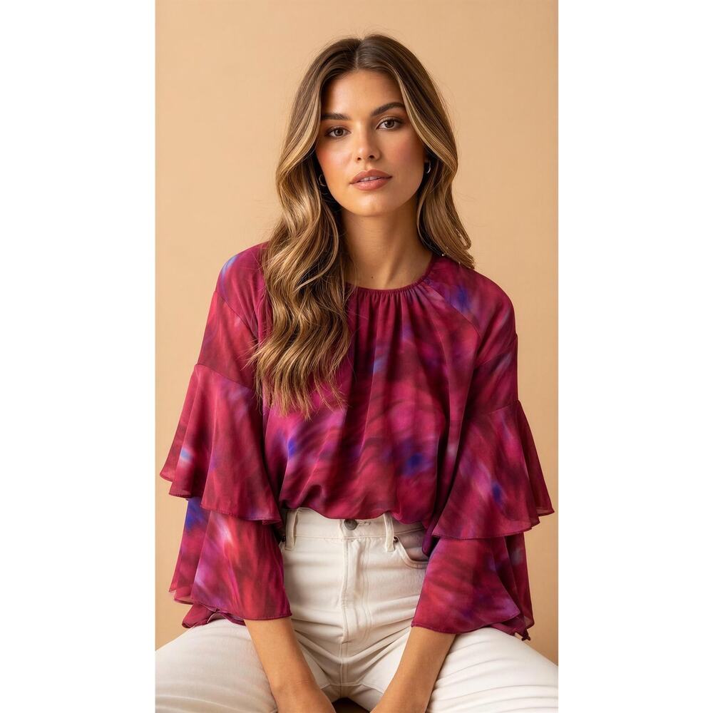 INC International Concepts Women's Bell Sleeve Blouse Abstract Red Size M